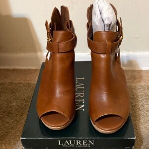 Lauren Ralph Lauren Cognac Peep-Toe Ankle Booties with Buckle Strap